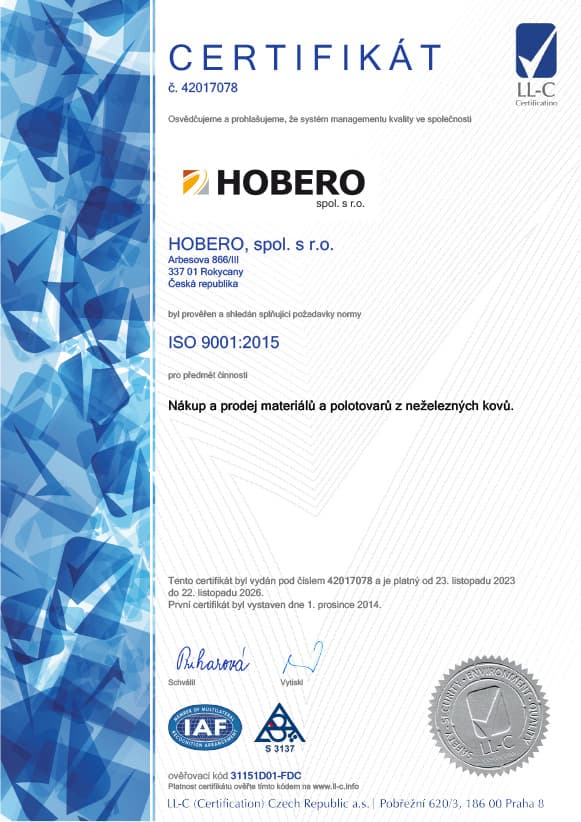 Certifikát ISO 9001:2015 — HOBERO, spol. s r.o.
